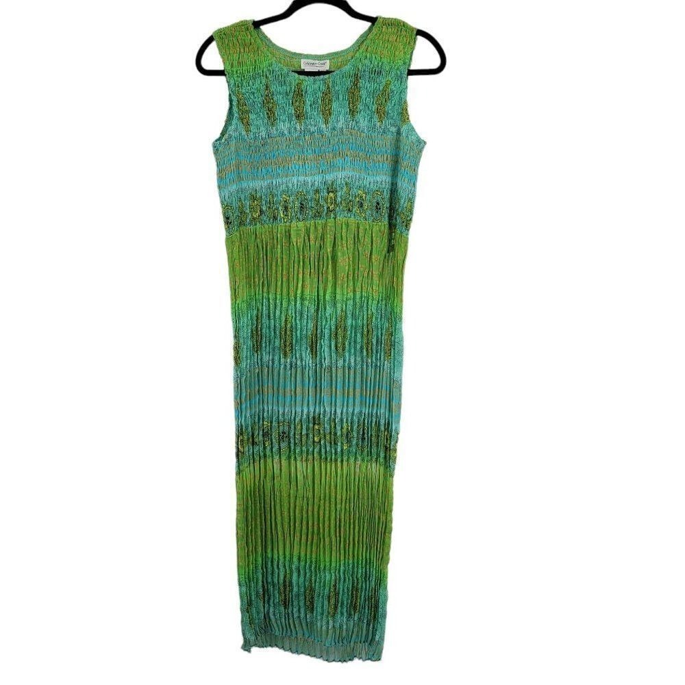 Vtg 90s Festival Smocked Crinkle Colorful Maxi Dress Sz 6P Blue Paisley Stretch - Picture 6 of 12
